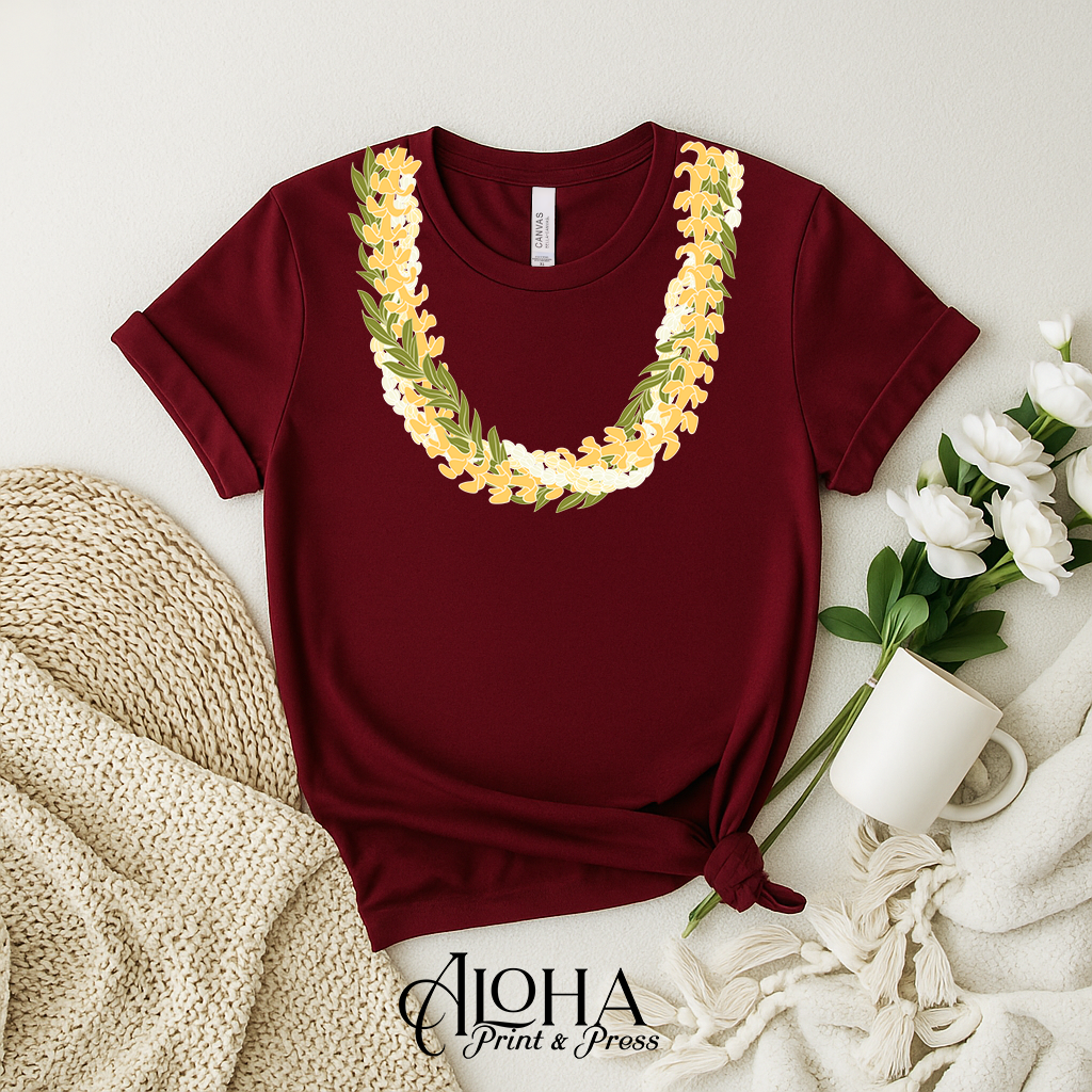 Puakenikeni Maile Double Pikake Lei Tee – Island Floral Graphic Shirt