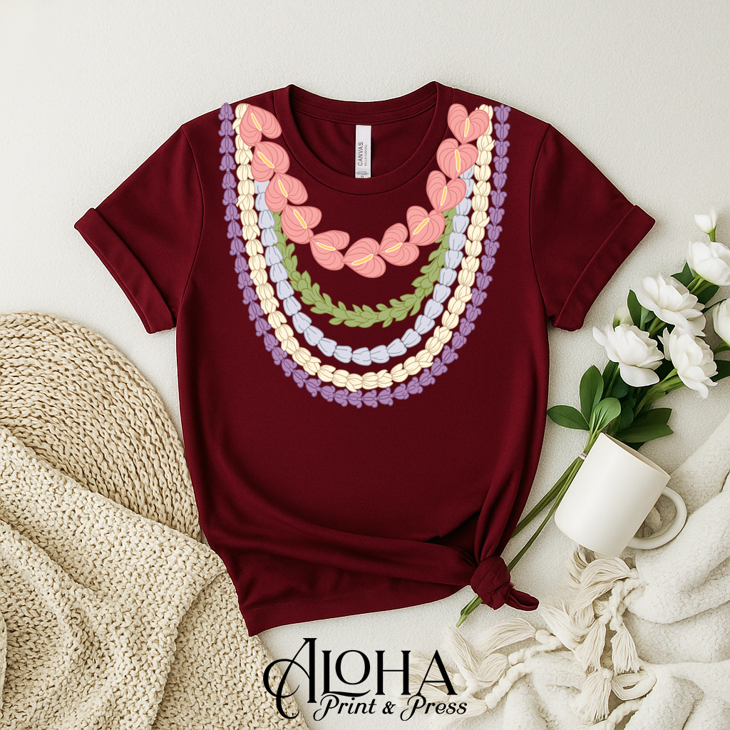 maroon lei graphic t shirt hawaii floral lei design crownflower pikake