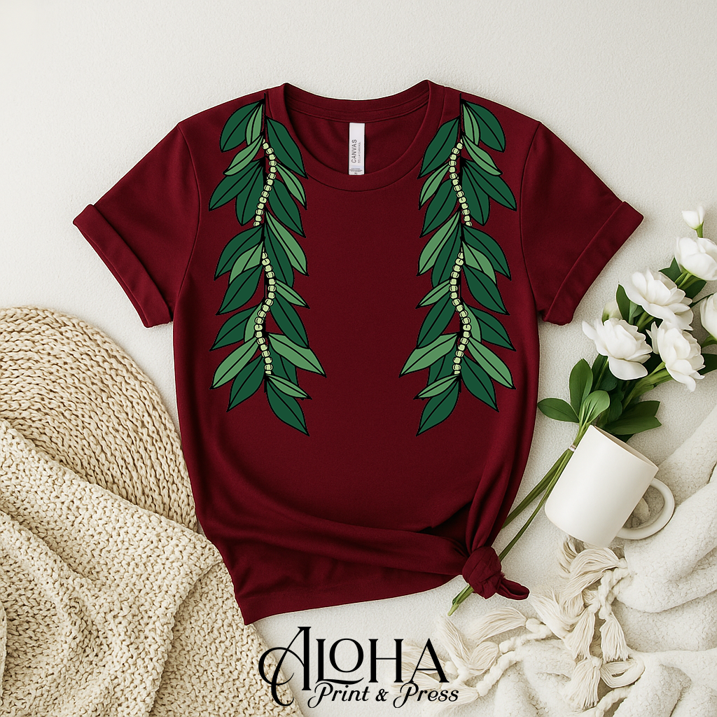 Maroon Maile Mokihana Hawaiian lei shirt island style apparel by Aloha Print & Press