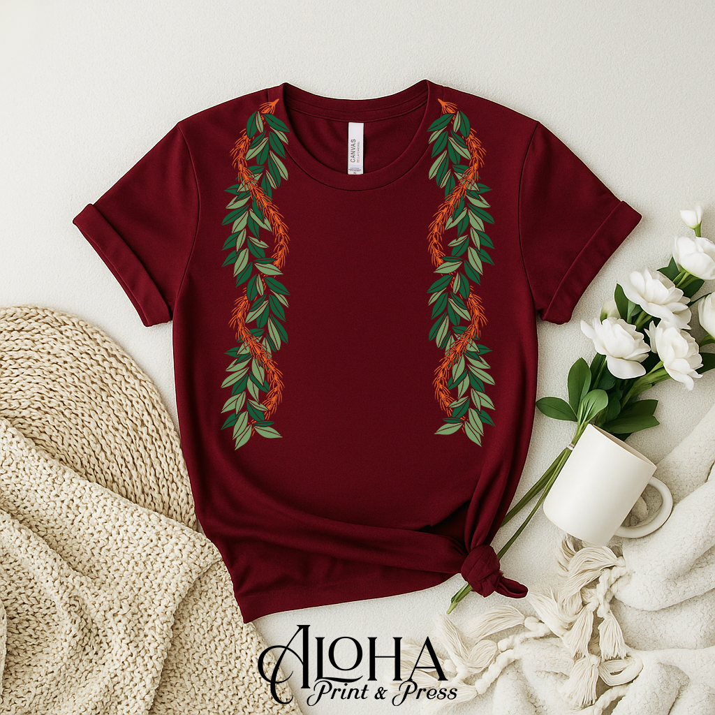 Maroon Hawaiian lei shirt with maile leaves and kukunaokala design by Aloha Print & Press
