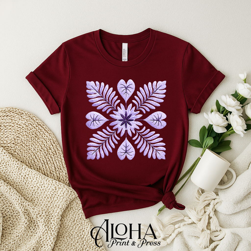 Purple botanical quilt block design on maroon shirt – Hawaiian inspired floral mandala top