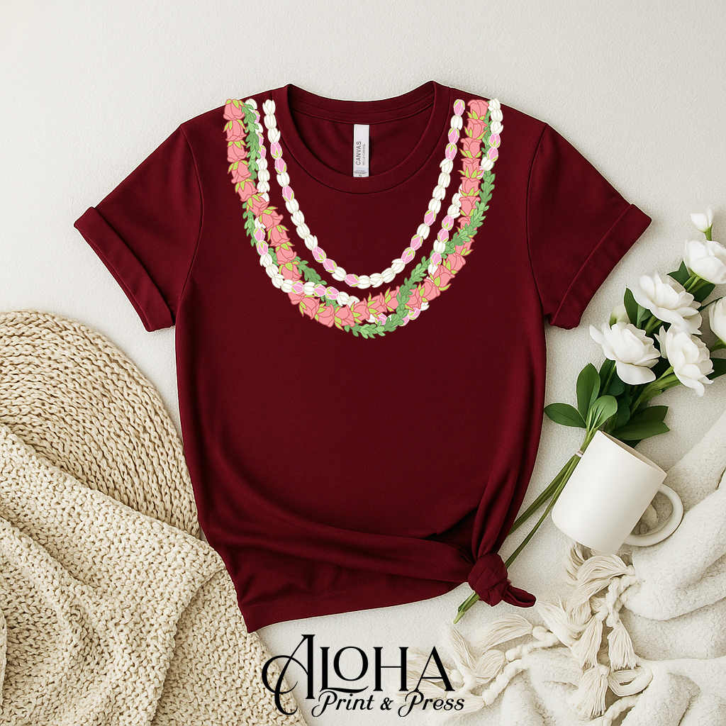 Maroon Lokelani Pikake Pakalana Hawaiian lei shirt mockup