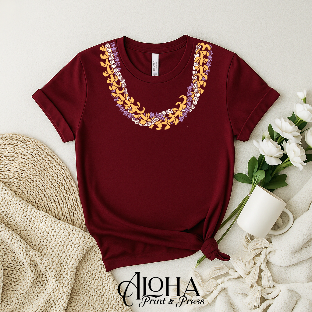 Maroon Hawaiian floral lei shirt with Crownflower Pikake Puakenikeni layered necklace graphic