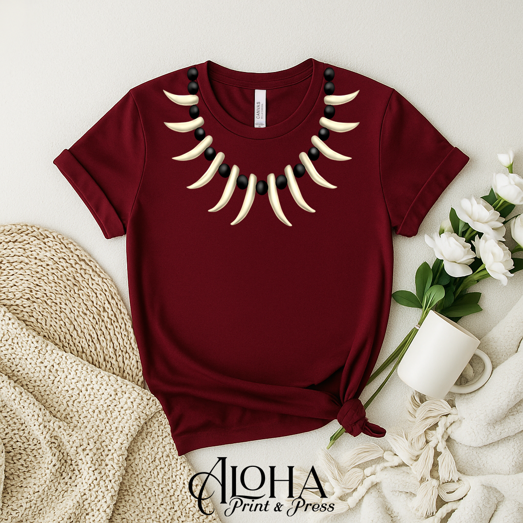 ULA NIFO tooth necklace shirt maroon island style Polynesian graphic tee