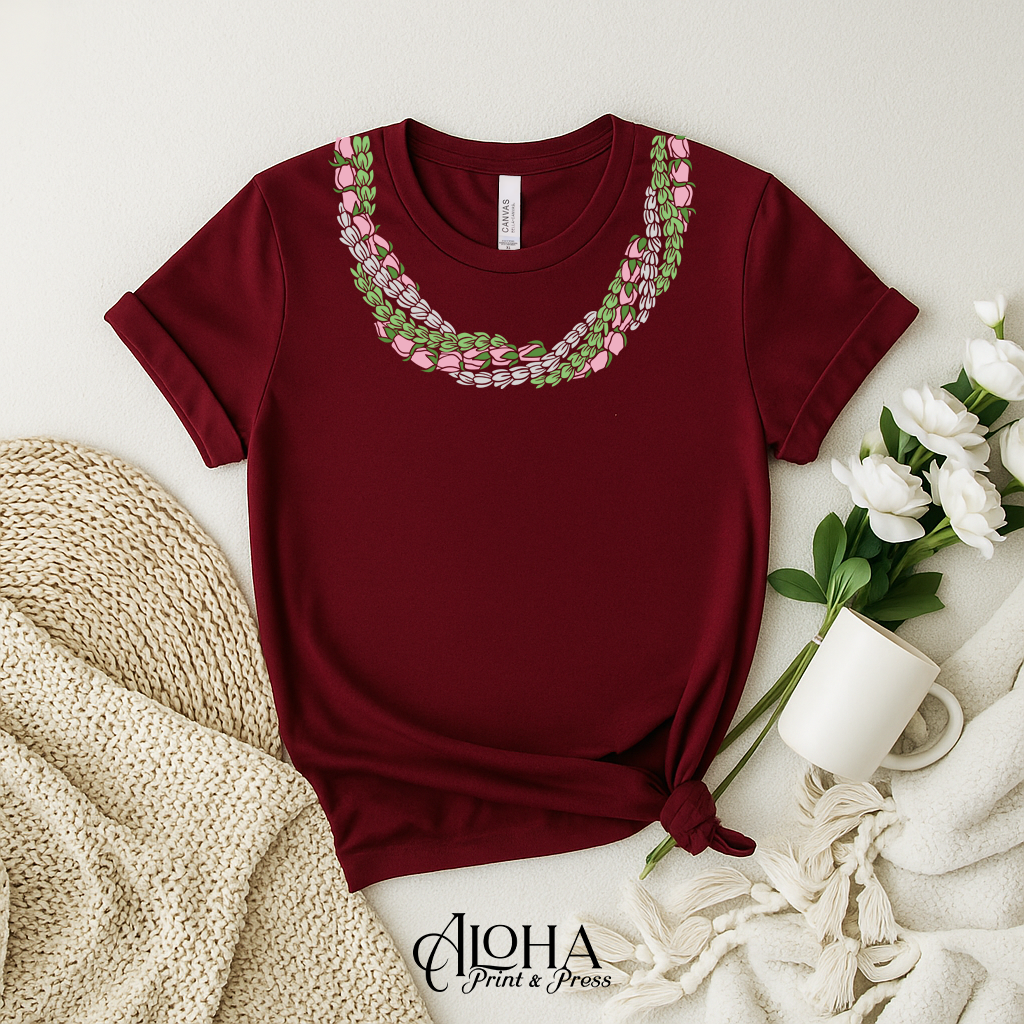 Maroon Hawaiian crown flower lei shirt for graduation