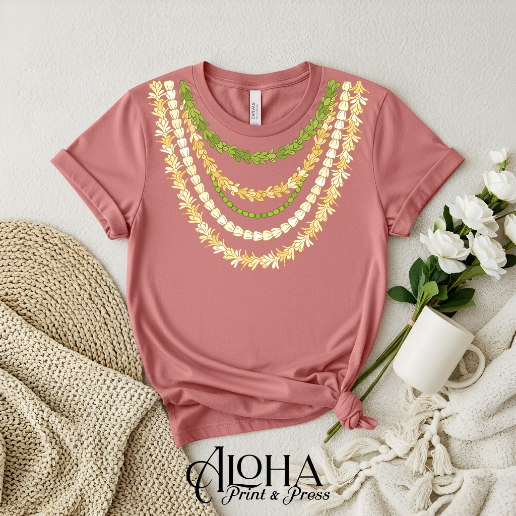 Mauve Hawaiian graduation lei t-shirt with Pakalana Mokihana Crownflower layered necklace artwork
