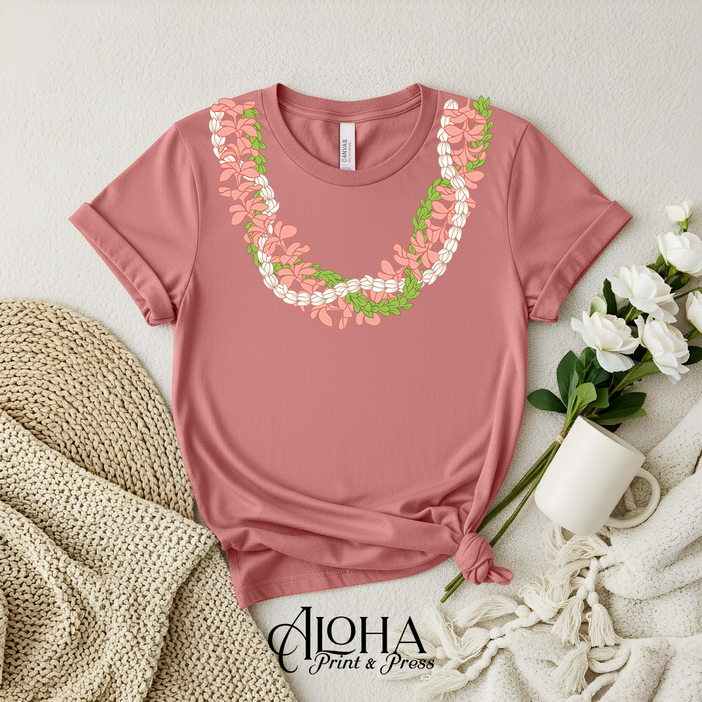 Mauve Hawaiian lei shirt with plumeria and pakalana flowers