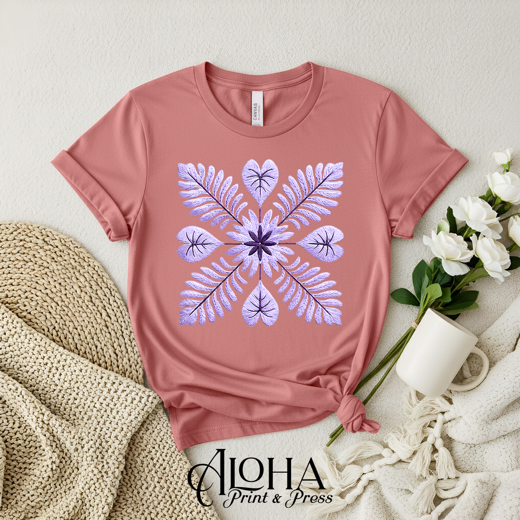 Lavender Hawaiian quilt botanical mandala design on mauve shirt – island floral tee by Aloha Print & Press