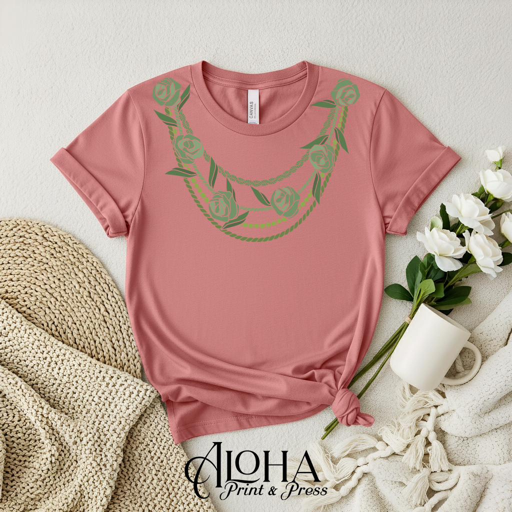Maile lei necklace Hawaiian floral graphic shirt mauve – Aloha Print and Press