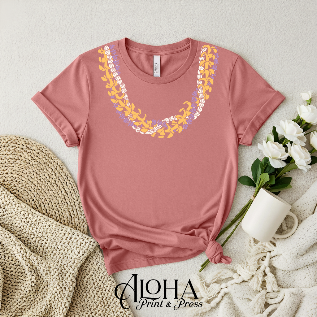 Mauve island style lei shirt with Crownflower Pikake Puakenikeni floral artwork