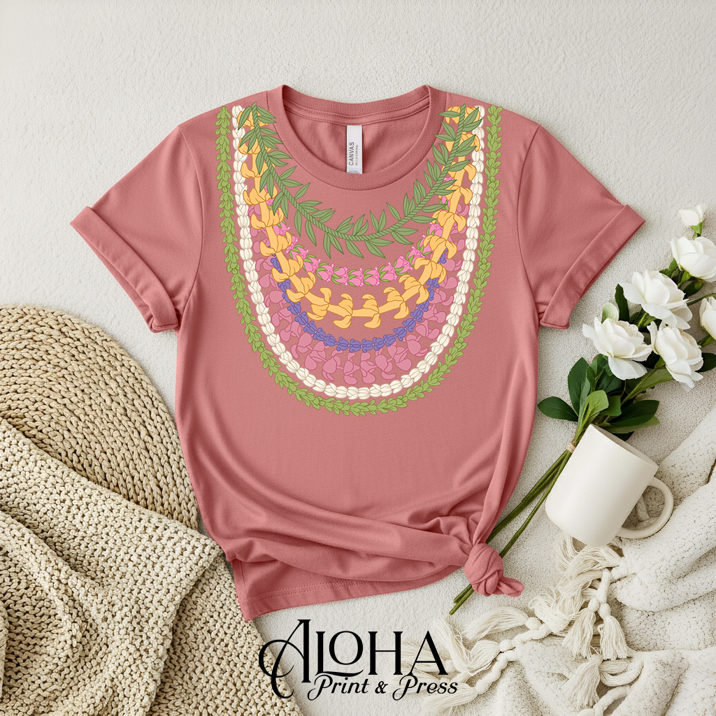 Mauve island style lei shirt with Maile Pikake Crownflower and Puakenikeni floral graphic