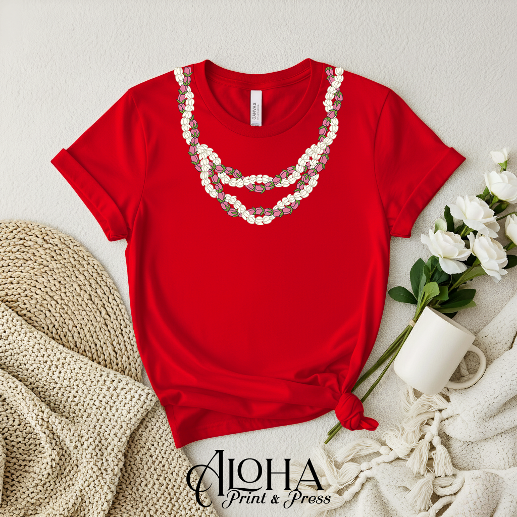 Lokelani Pikake lei shirt red Hawaiian floral shirt