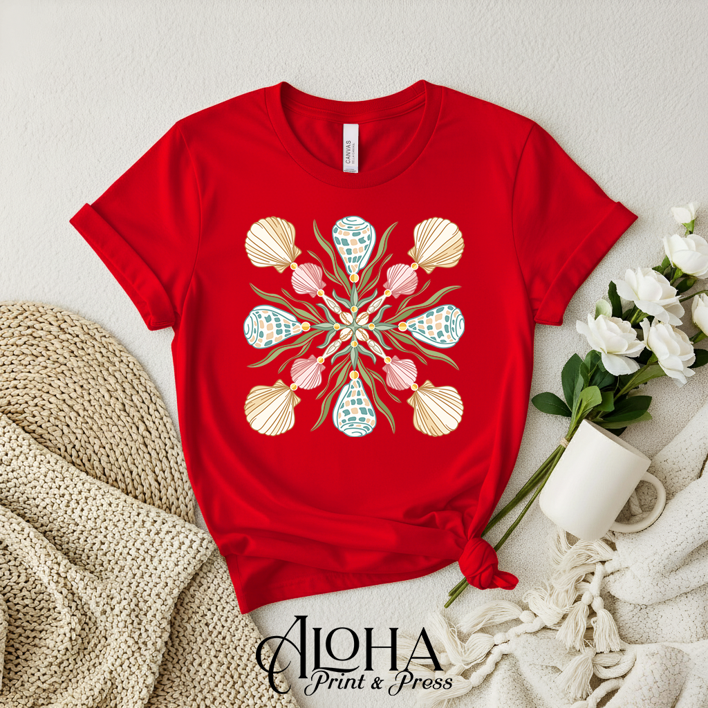 Red Hebrew cone shell quilt block t-shirt with coastal mandala design inspired by Hawaii ocean shells