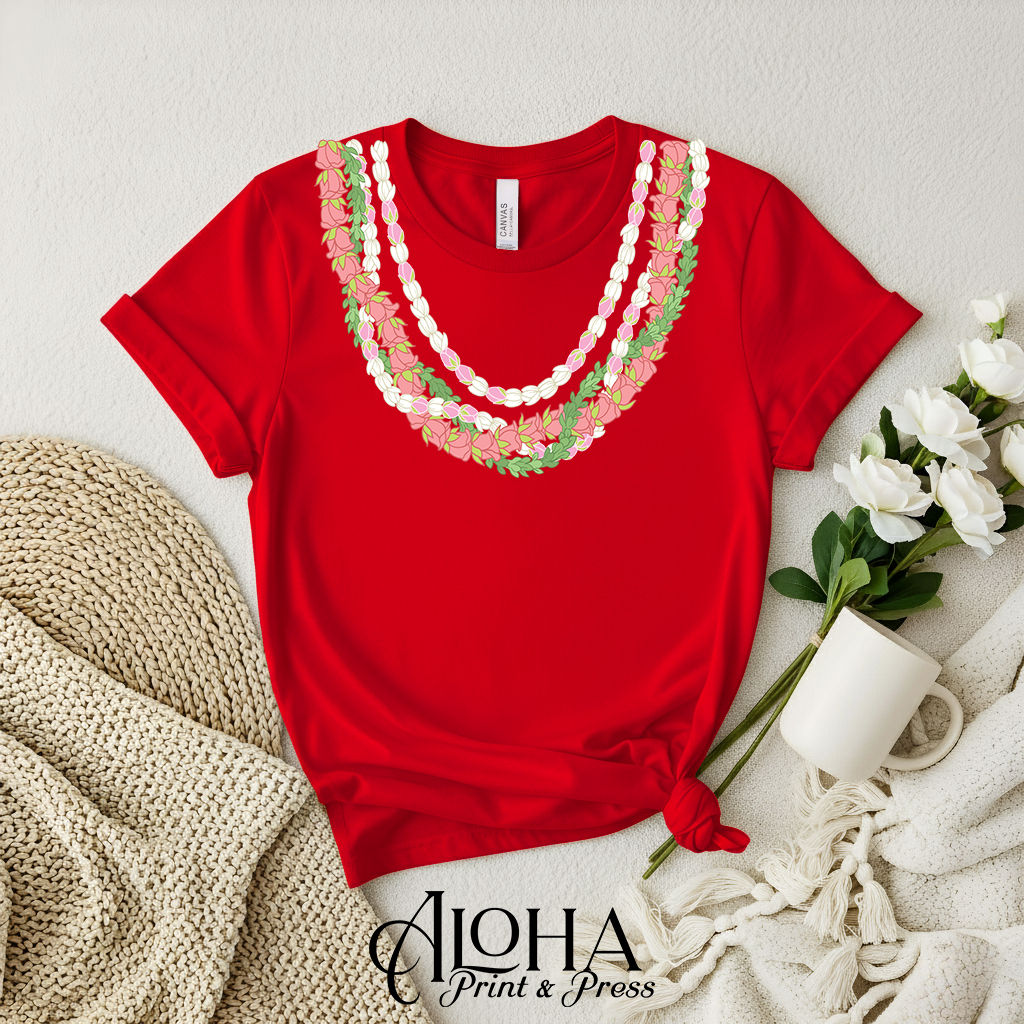 Red Lokelani Pikake Pakalana Hawaiian lei shirt mockup
