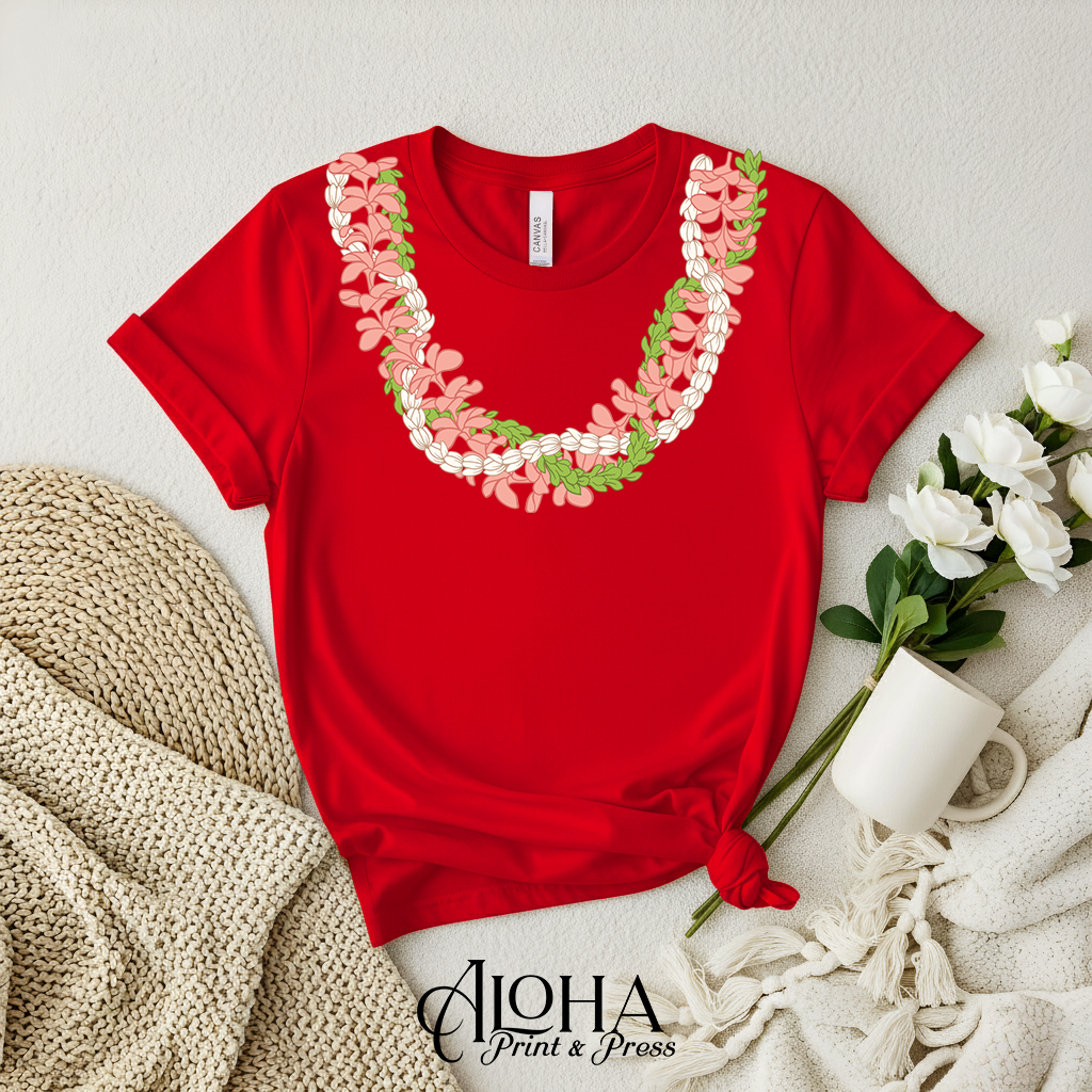 Plumeria and pikake Hawaiian lei shirt red graduation tee