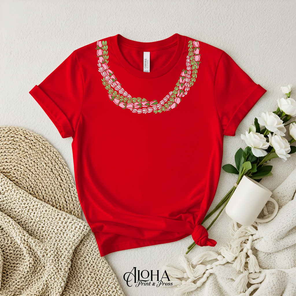 Crown flower and pikake Hawaiian graduation lei shirt red