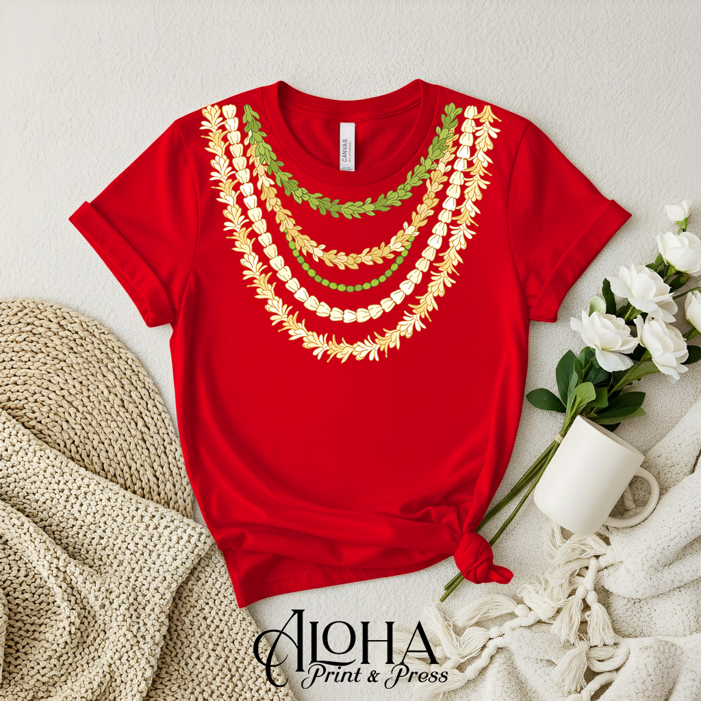 Red Hawaiian lei necklace shirt inspired by Pakalana Mokihana and Crownflower for graduation