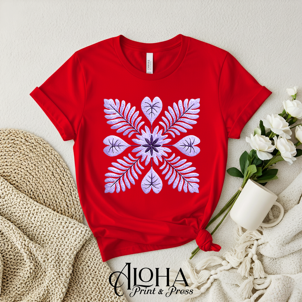 Purple botanical quilt mandala design on red shirt – Hawaiian island floral tee