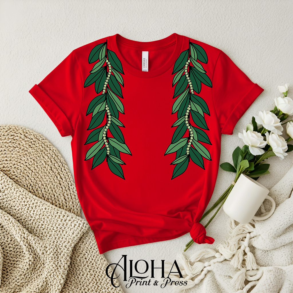 Red Hawaiian Maile Mokihana lei shirt aloha apparel by Aloha Print & Press