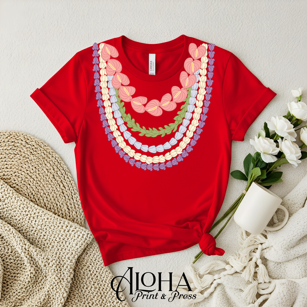 red hawaiian lei shirt layered floral lei graphic aloha apparel hawaii
