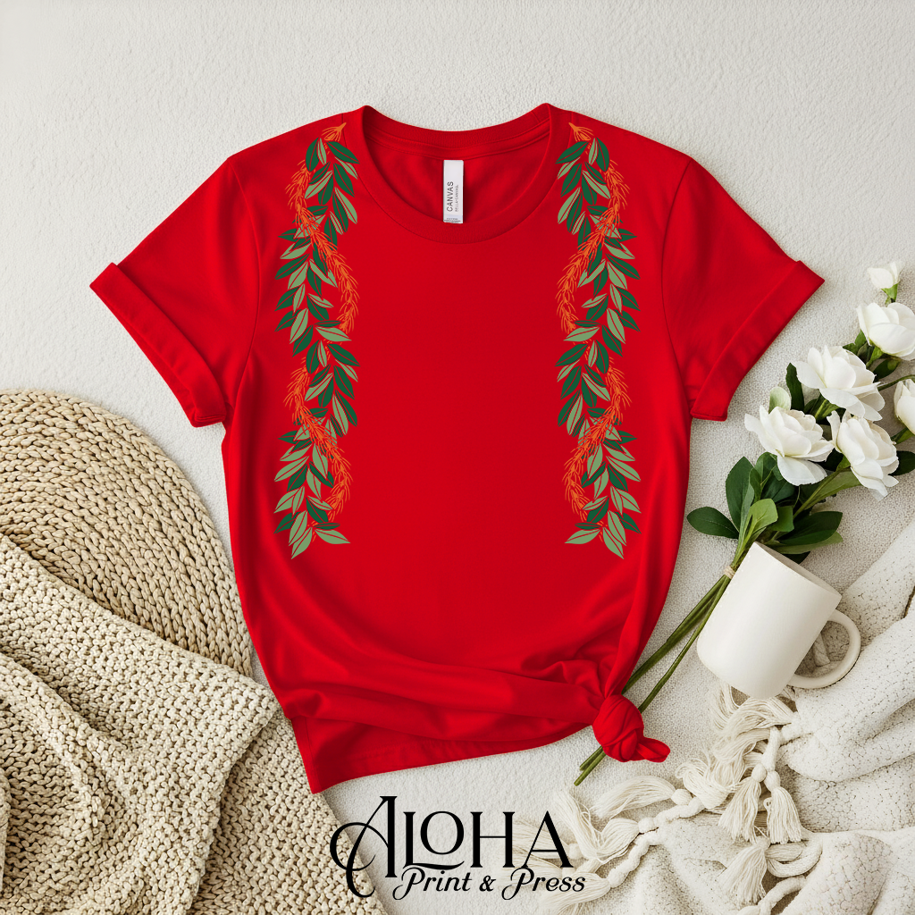 Red Hawaiian maile lei shirt with kukunaokala design island style apparel by Aloha Print & Press