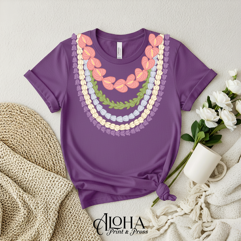 hawaiian lei graphic t shirt purple anthurium pakalana pikake crownflower design