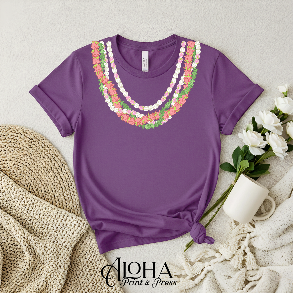 Royal purple Lokelani Pikake Pakalana Hawaiian lei shirt mockup