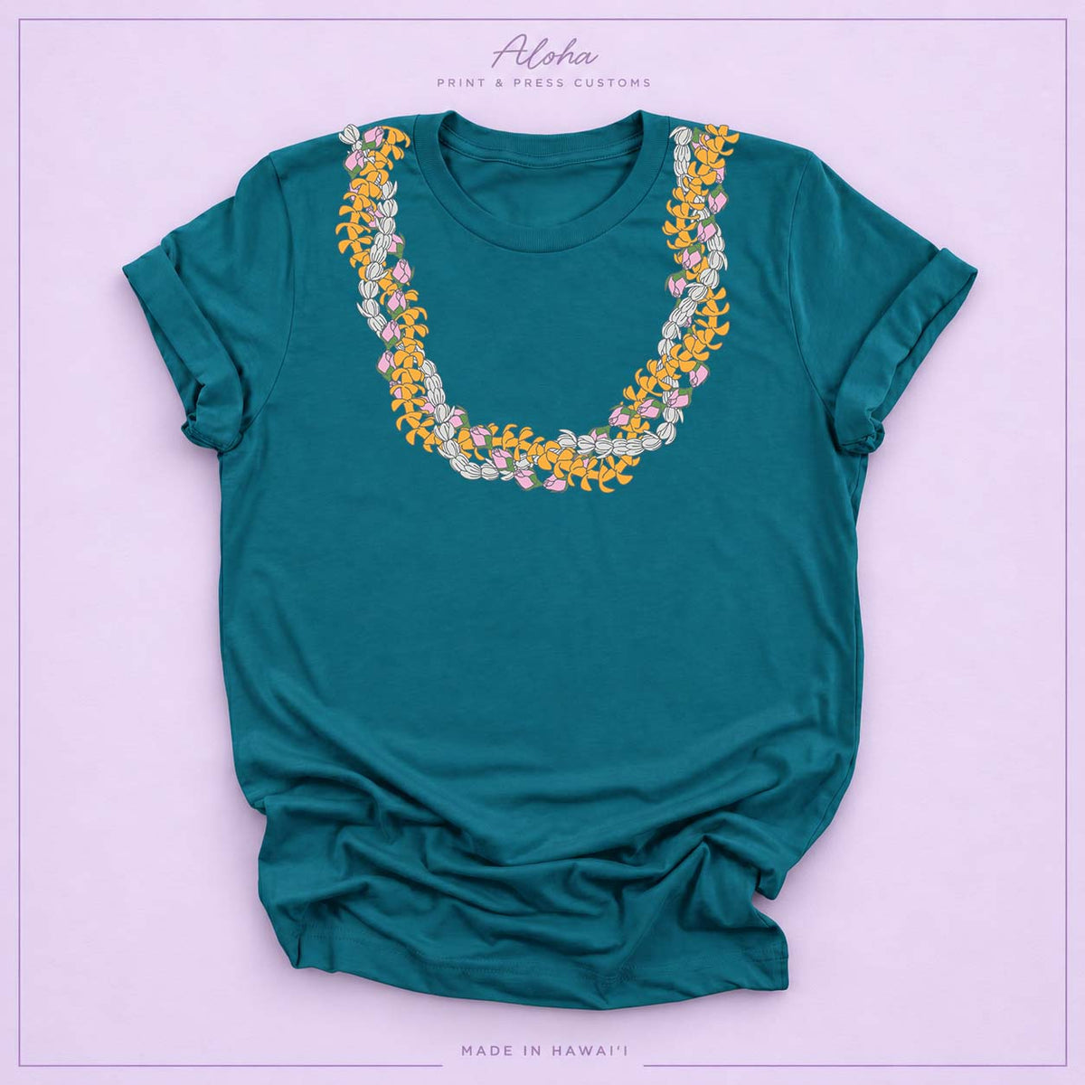 Deep Teal Triple Pikake Lei Necklace Tee – Island-Inspired Floral Shirt