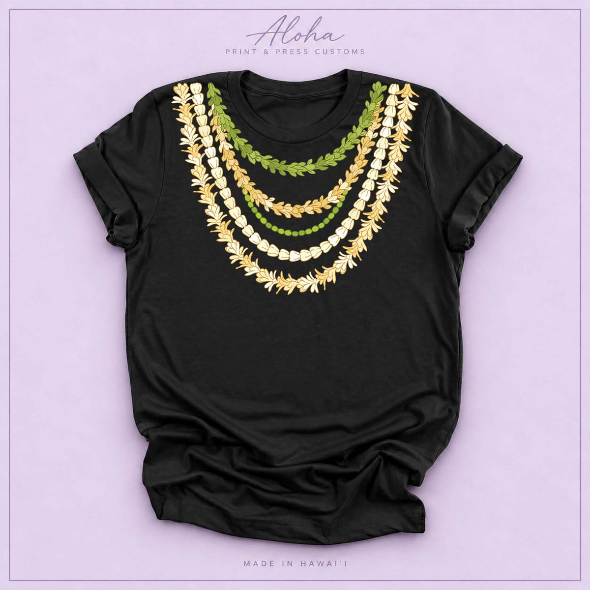 Hawaiian Lei Necklace Shirt – Pakalana, Mokihana & Crownflower