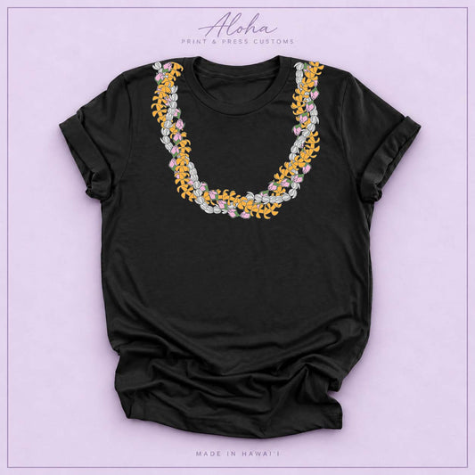 Hawaiian Triple Lei Flower Necklace Graphic Tee – Puakenikeni, Pikake, Lokelani