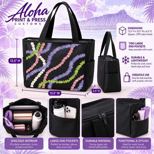 Tote bag dimensions and features: approximate 12.5 by 13.5 by 6.5 inches, large end pockets and lightweight durable design