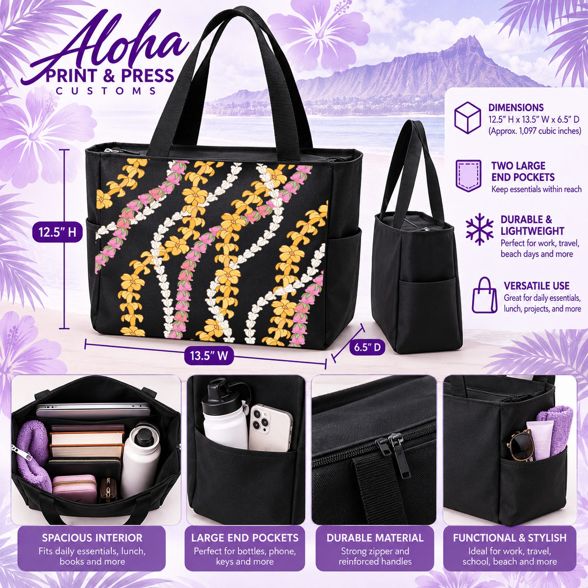 Black Puakenikeni, Lokelani, and Crownflower lei tote bag with product dimensions and feature details