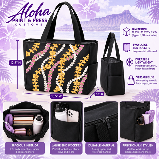 Black Puakenikeni, Lokelani, and Crownflower lei tote bag with product dimensions and feature details