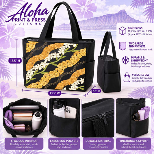 Branded lei tote bag feature graphic with approximate dimensions 12.5 by 13.5 by 6.5 inches, end pockets, and care information