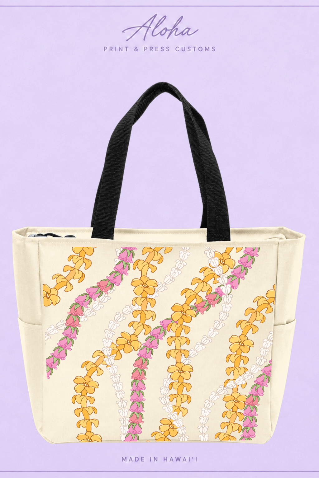 Stone tote bag with Puakenikeni, Lokelani, and Crownflower lei print