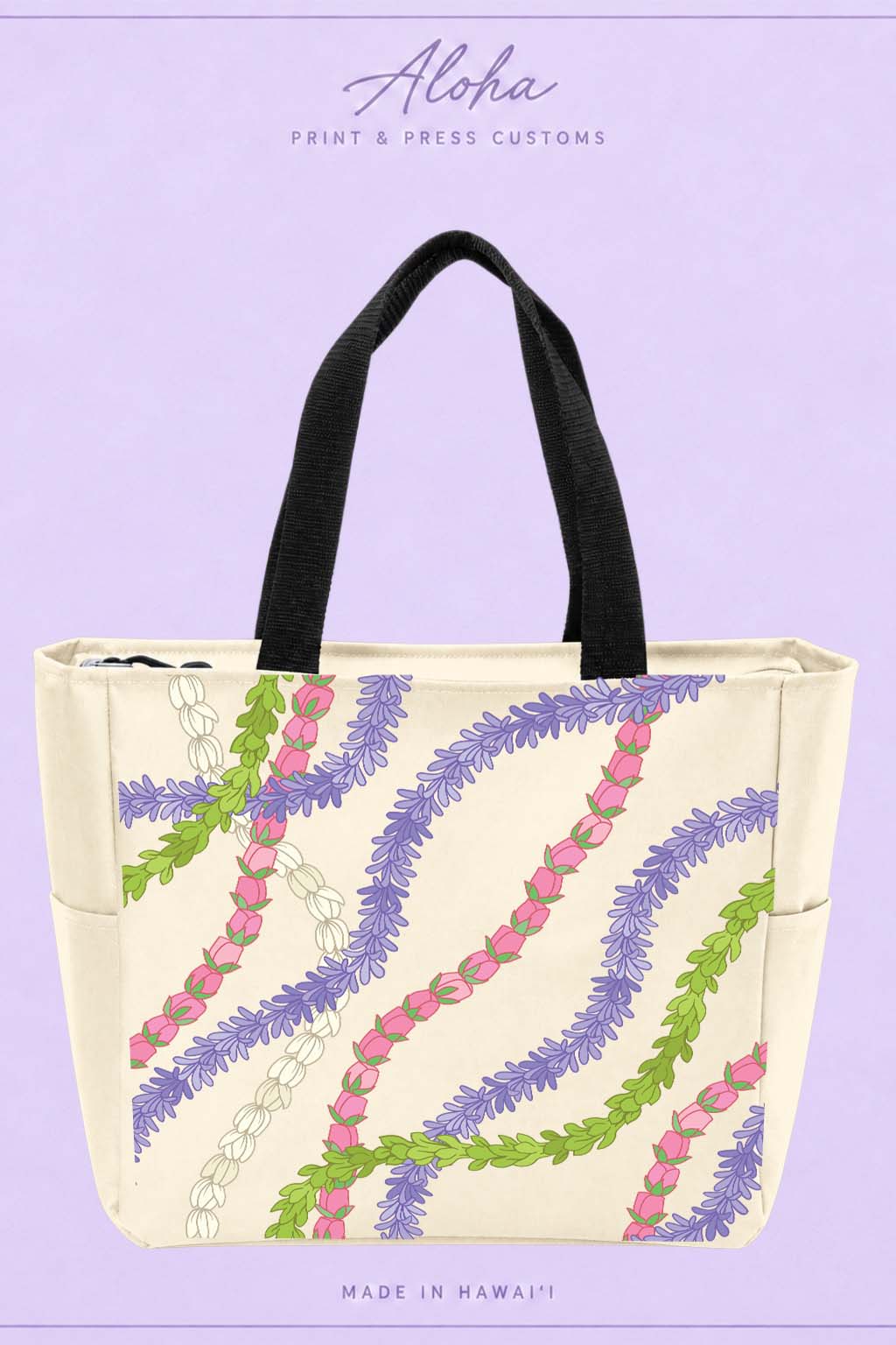 Stone Hawaiian lei tote bag with agapanthus, lokelani, pikake and pakalana floral design