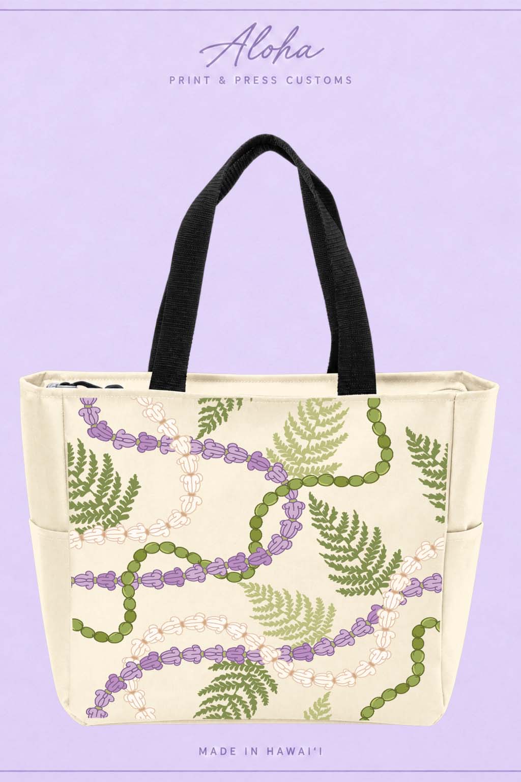 Stone Hawaiian lei tote with cornflower, mokihana, and palapalai design