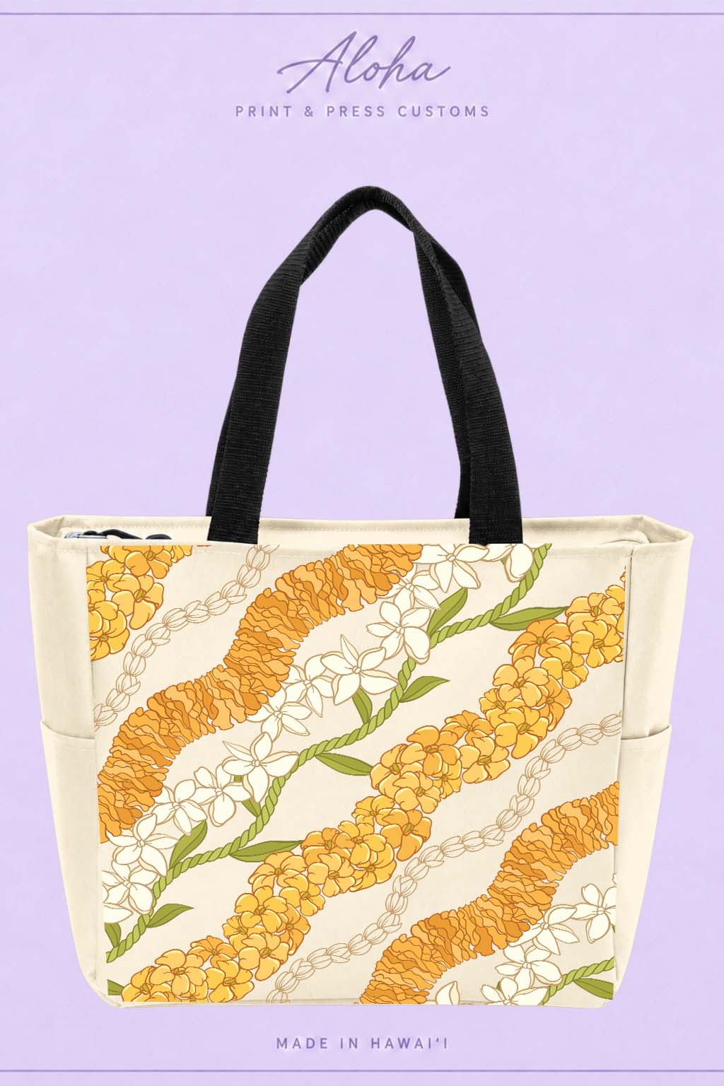 Stone lei tote bag featuring ʻilima, puakenikeni, maile, pikake, and tiare flowers