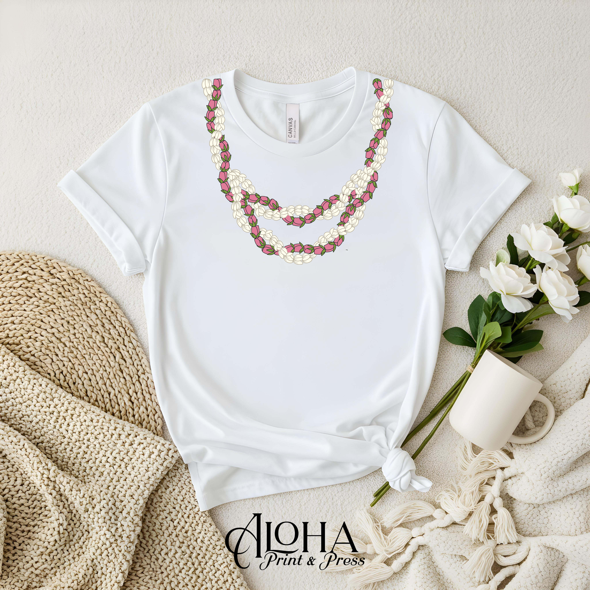 Lokelani Pikake lei shirt white Hawaiian lei design shirt