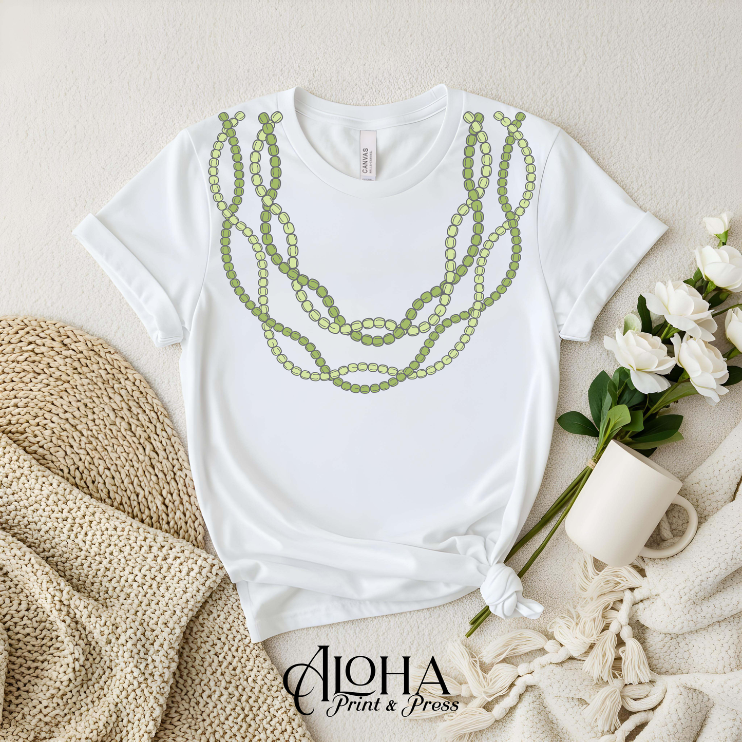 White mokihana lei shirt clean Hawaiian design aloha apparel