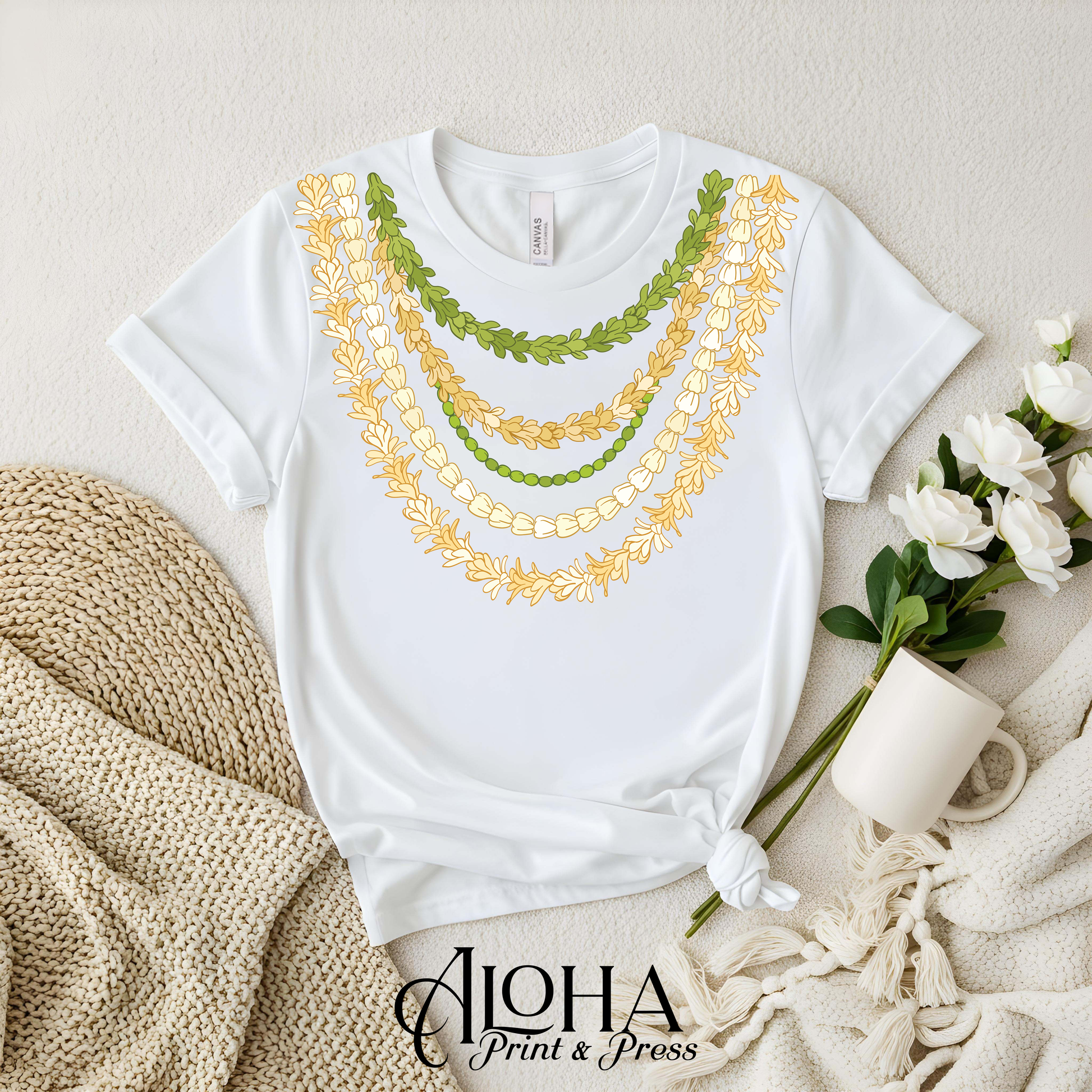 White Hawaii lei day shirt with Pakalana Mokihana and Crownflower graduation lei graphic