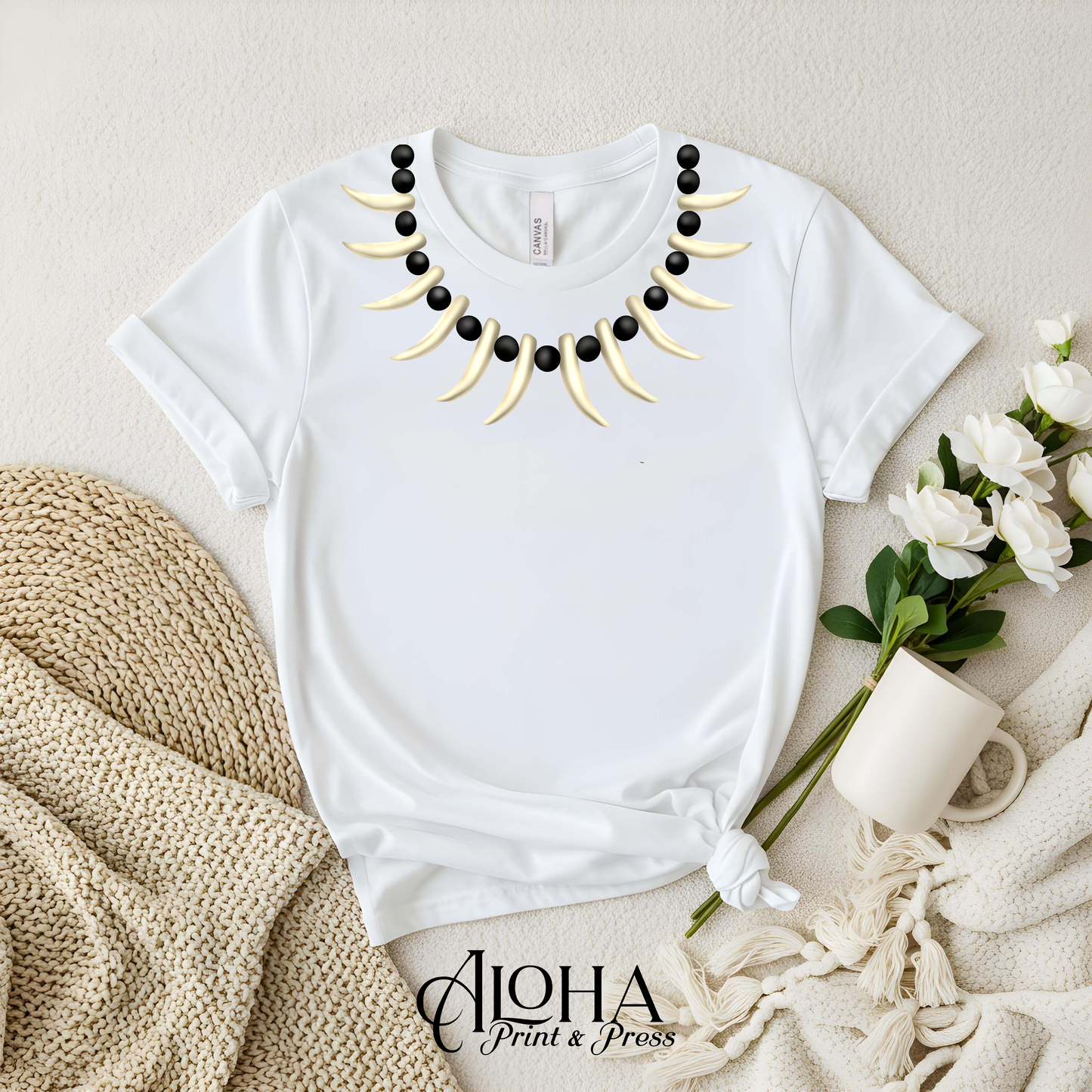 ULA NIFO tooth necklace shirt white clean Polynesian necklace graphic tee