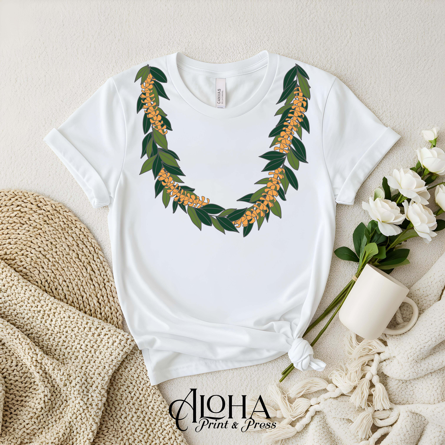 Maile and Puakenikeni Lei Tee – Hawaiian Floral Graphic Shirt