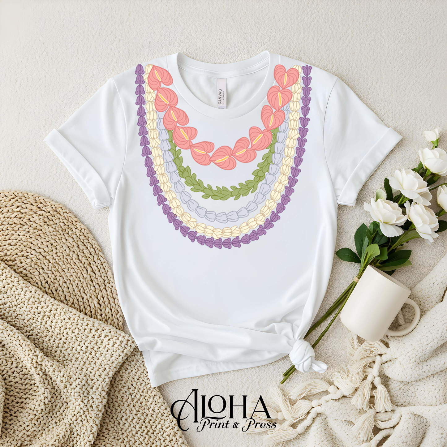 white hawaiian lei shirt colorful floral lei graphic aloha style apparel