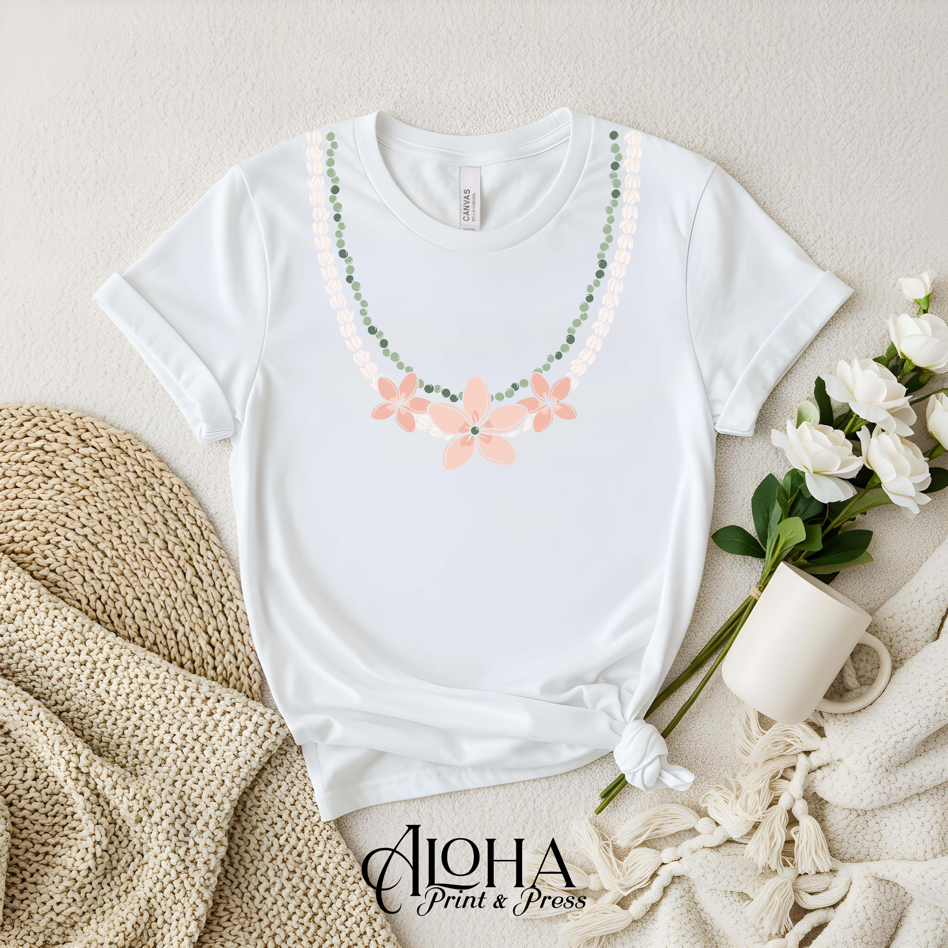 white hawaiian lei necklace shirt with pikake mokihana plumeria flowers