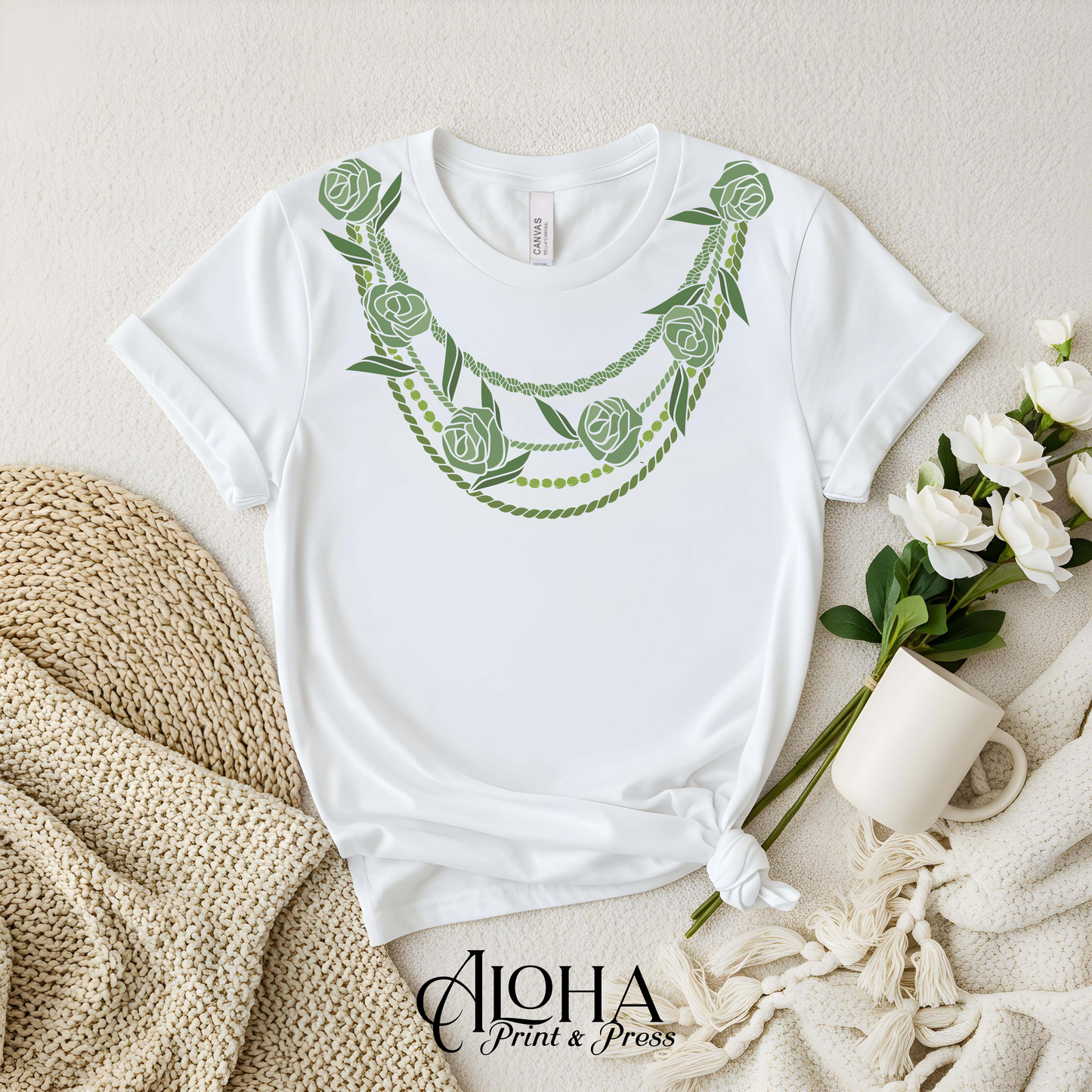 Maile lei necklace Hawaiian graphic shirt white floral lei design