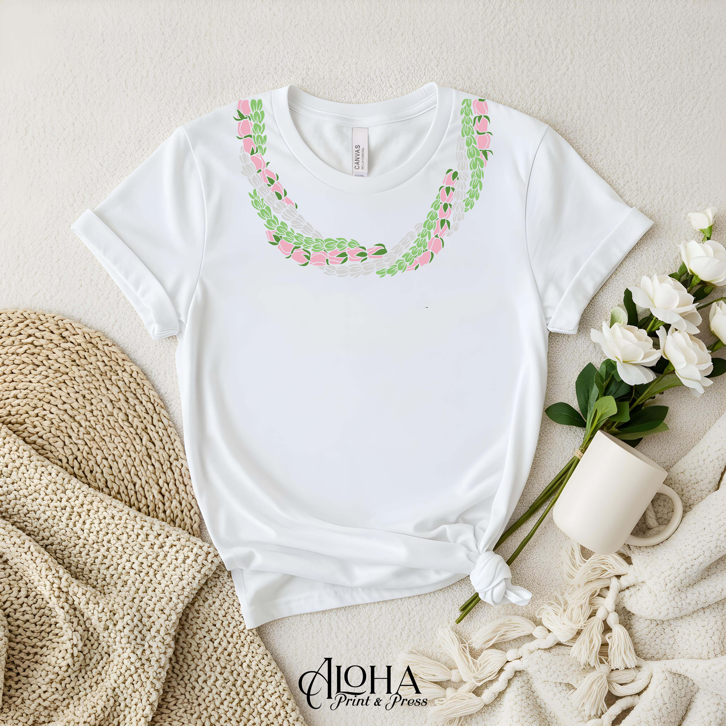 White Hawaiian pikake and pakalana floral lei t-shirt