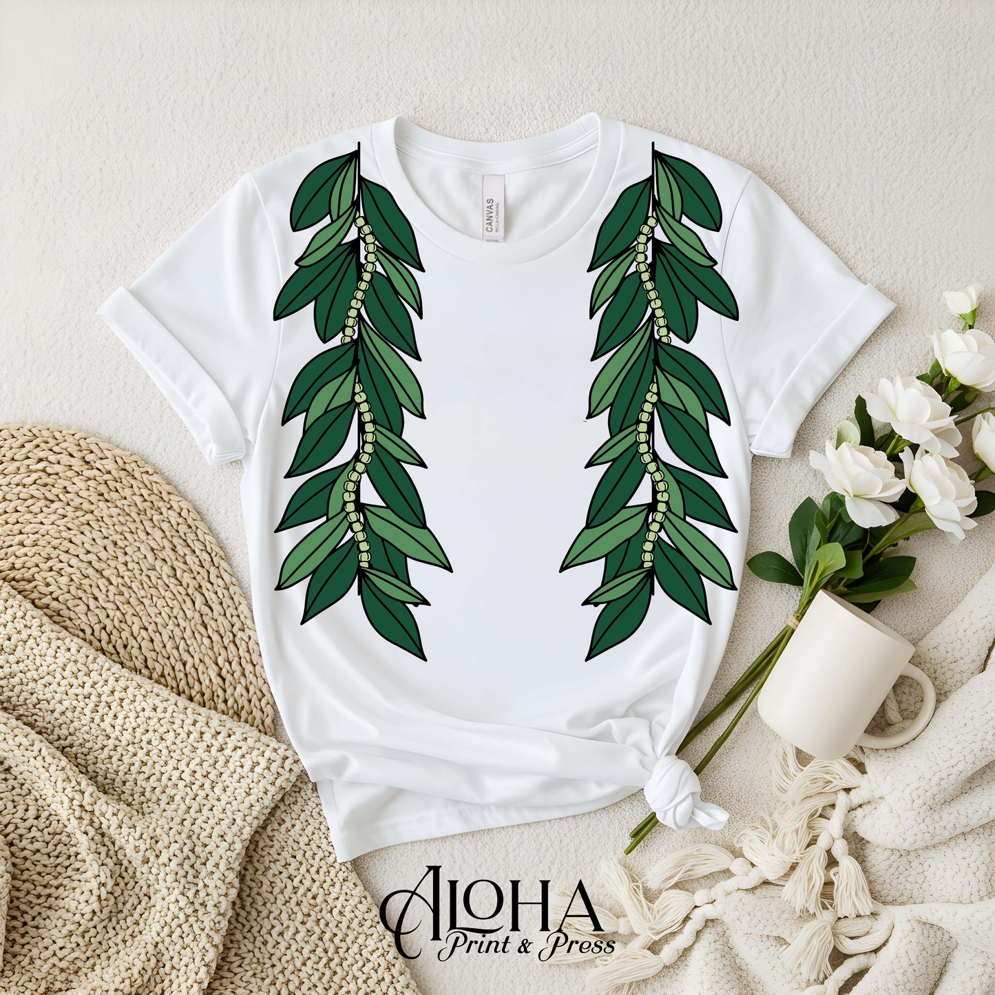 White Hawaiian Maile Mokihana lei shirt traditional island inspired aloha apparel