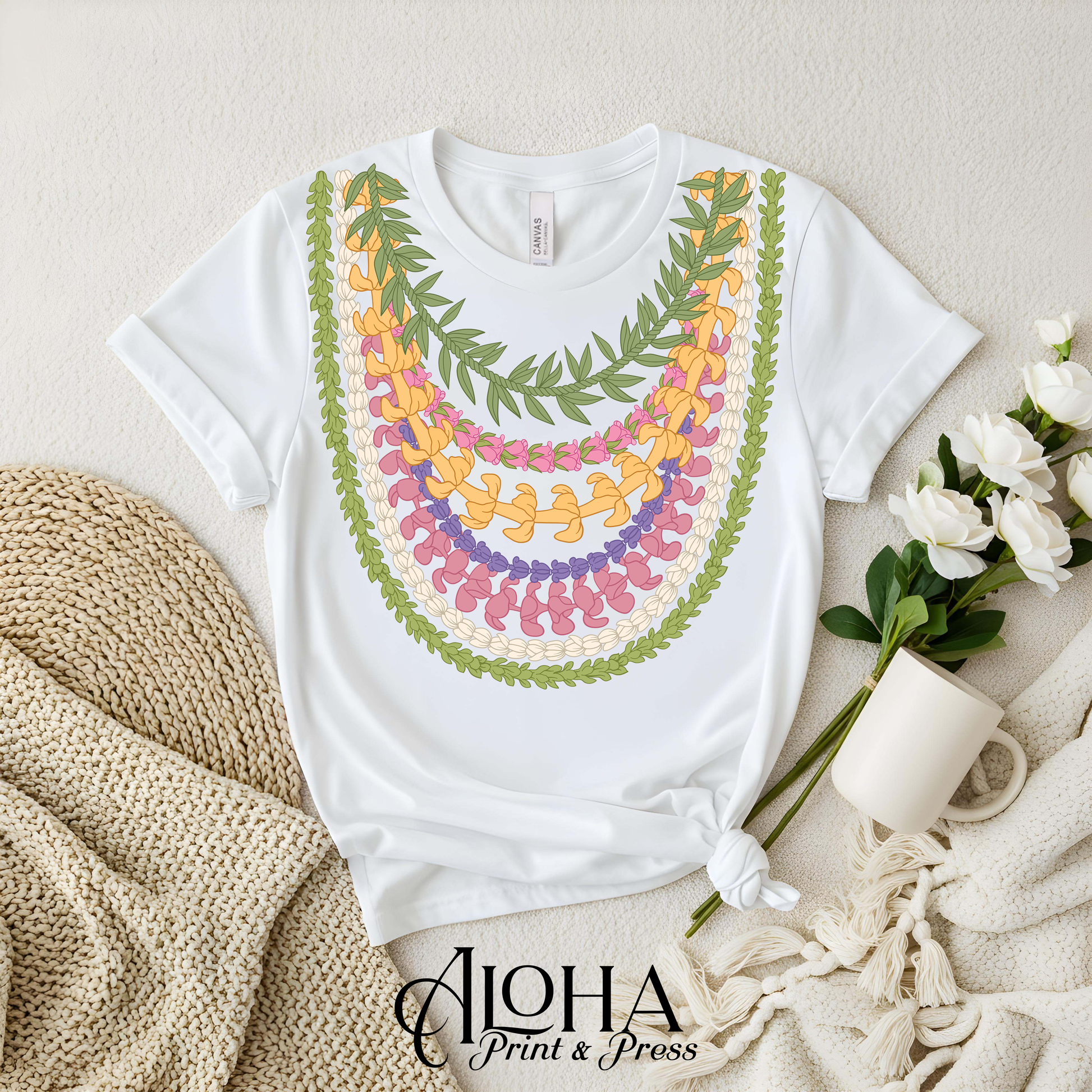 White Hawaiian lei t-shirt featuring Maile Pikake Crownflower and Puakenikeni necklace design