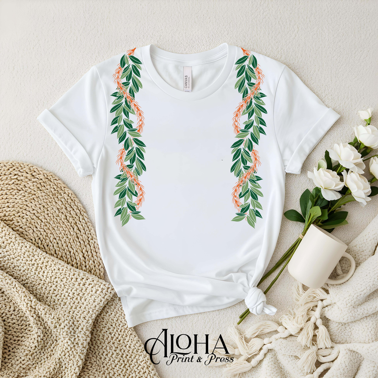White Hawaiian maile lei shirt island inspired aloha apparel by Aloha Print & Press